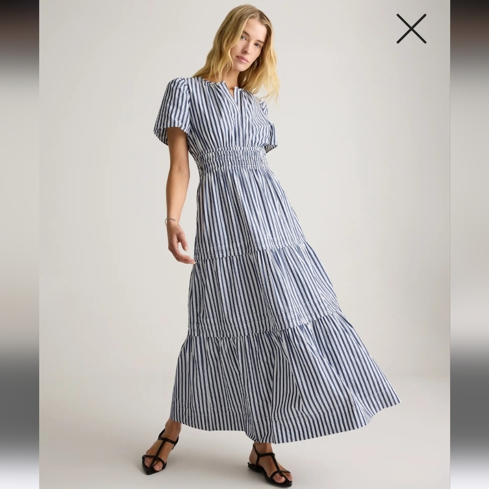 Quince 100% Organic Cotton Navy Striped Tiered Maxi Dress, P2P 18" - Picture 4 of 7